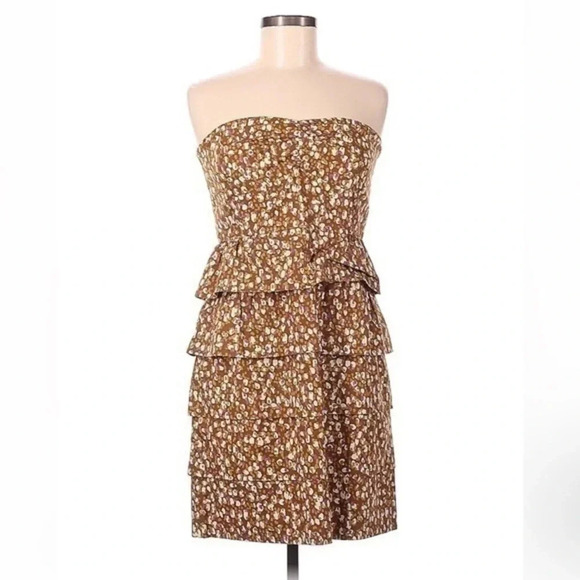 J. Crew | Brown Polkadot Tiered Ruffled Strapless Cocktail Dress Size 6 - Picture 1 of 4